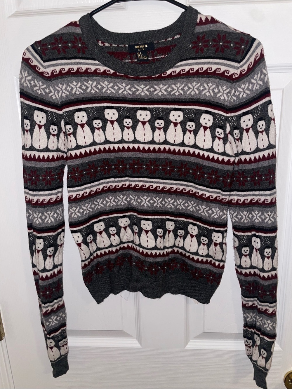 Forever 21 Gray & White Snowman Fair Isle Crewneck Sweater with Maroon Accents